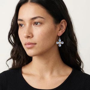 Rainbow Moonstone Flower Earrings, June Birthstone, Flashy Moonstone Clover Bezeled Earrings in Gold or Silver, Summer Light Jewelry for Mom image 4