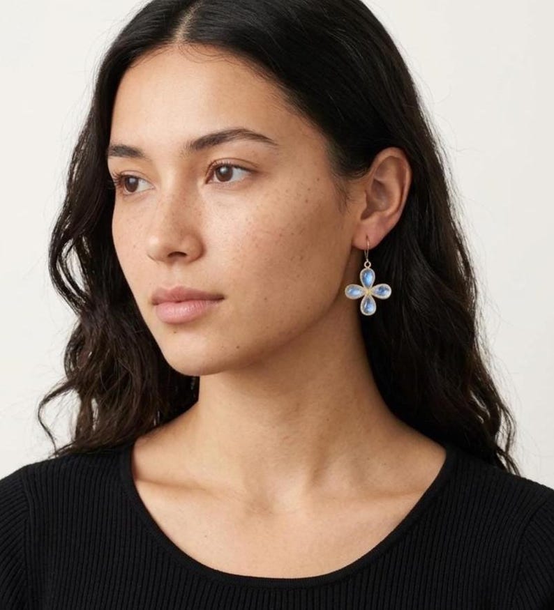 Rainbow Moonstone Flower Earrings, June Birthstone, Flashy Moonstone Clover Bezeled Earrings in Gold or Silver, Summer Light Jewelry for Mom image 4
