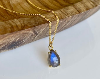 Labradorite Necklace, Blue Flash Labradorite Smooth Teardrop Pendant in Gold Filled, Blue Layering Jewelry, Boho Delicate Gift for her