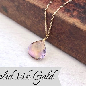 Ametrine Solid 14k Gold Teardrop Necklace, Ametrine Teardrop Pendant, Real Solid 14k Purple Ametrine Pendant, Gift for mother, February gift