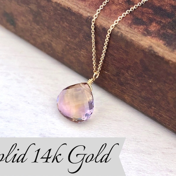 Ametrine Solid 14k Gold Teardrop Necklace, Ametrine Teardrop Pendant, Real Solid 14k Purple Ametrine Pendant, Gift for mother, February gift