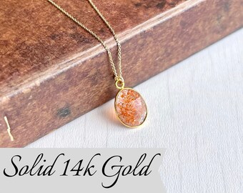 Orange Sunstone Necklace, Solid Gold Necklace, 14K Gold, Orange Sunstone Minimalist Layering Pendant, Anniversary Gift, Gold gift for her