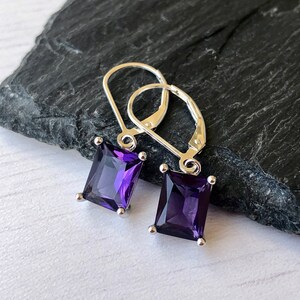 Amethyst Earrings, February Birthstone, Dark Purple Amethyst Emerald Cut Earrings in Gold or Silver, Rectangle prong Drops, Gift under 50 Sterling Silver