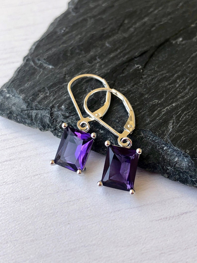 Amethyst Earrings, February Birthstone, Dark Purple Amethyst Emerald Cut Earrings in Gold or Silver, Rectangle prong Drops, Gift under 50 Sterling Silver