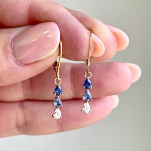 Blue Zircon and White Topaz Earrings, September Birthstone, Tiny Drop Trio in Gold, Very Minimalist Drop Shape Earrings, Blue Gift for her