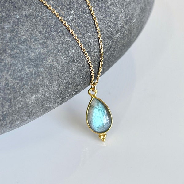 Labradorite Necklace, Blue Flash Labradorite Teardrop Pendant Gold and Silver, Minimalist Layering Jewelry, Delicate Boho Chic Gift for her