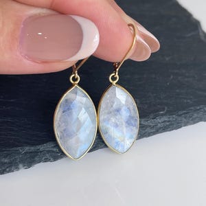 Moonstone Earrings, White Moonstone Marquise Shape Earrings in Gold or Silver, June Birthstone, Elongated Light Boho Summer Jewelry for her