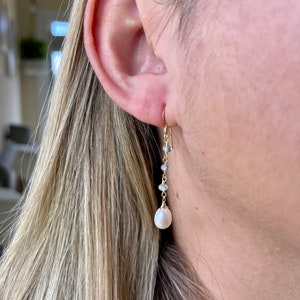 Pearl and Aquamarine Earrings, White and Blue Dangle Drops, Elegant Pearl Beaded Earrings Gold or Silver, June Birthstone, Gift for women image 3