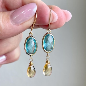 Citrine and Blue Topaz Earrings, Yellow and Blue Statement Earrings, November Birthstone, Citrine Jewelry in Gold or Silver, Gift for her