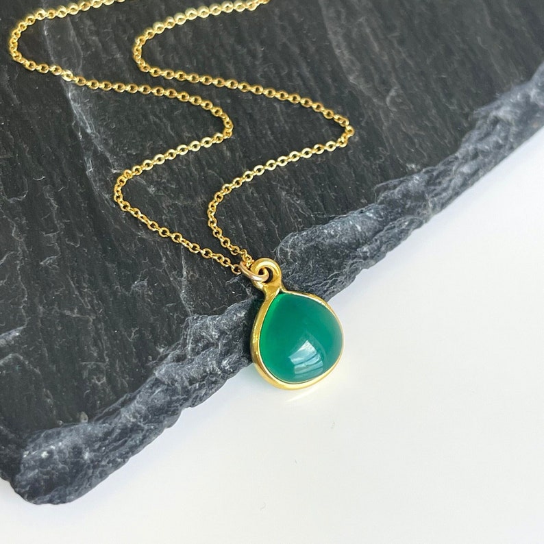 Green Onyx Teardrop Necklace, May Birthstone, Emerald Smooth Drop Pendant, Green Layering Minimalist Necklace, Emerald Jewelry, Gift for her image 1