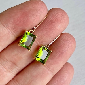 Peridot Earrings, August Birthstone, Lime Green Emerald Cut Earrings in Gold or Silver, Rectangular Baguette Drops, Peridot Jewelry for her