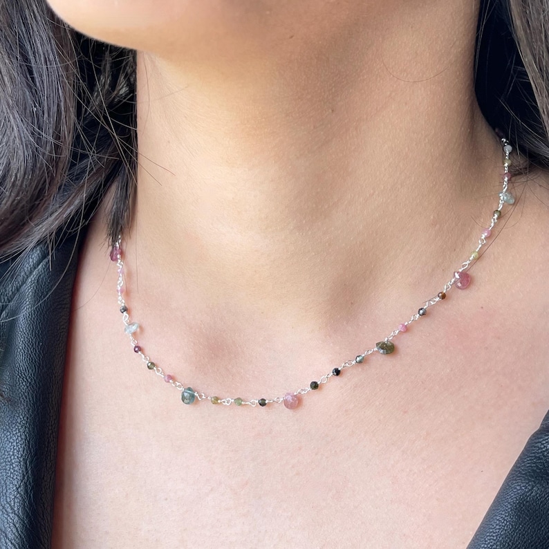 Watermelon Tourmaline Necklace, Multicolor Beaded Choker Gold or Silver, Wire wrapped Dainty Minimalist Necklace, October Birthstone Gift Sterling Silver