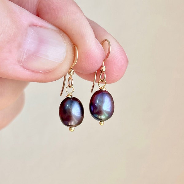 Black Pearl Earrings, June Birthstone, Tahitian Glow Freshwater Pearl Drops, Minimalist Dark Pearl Jewelry in Gold or Silver, Gift for her