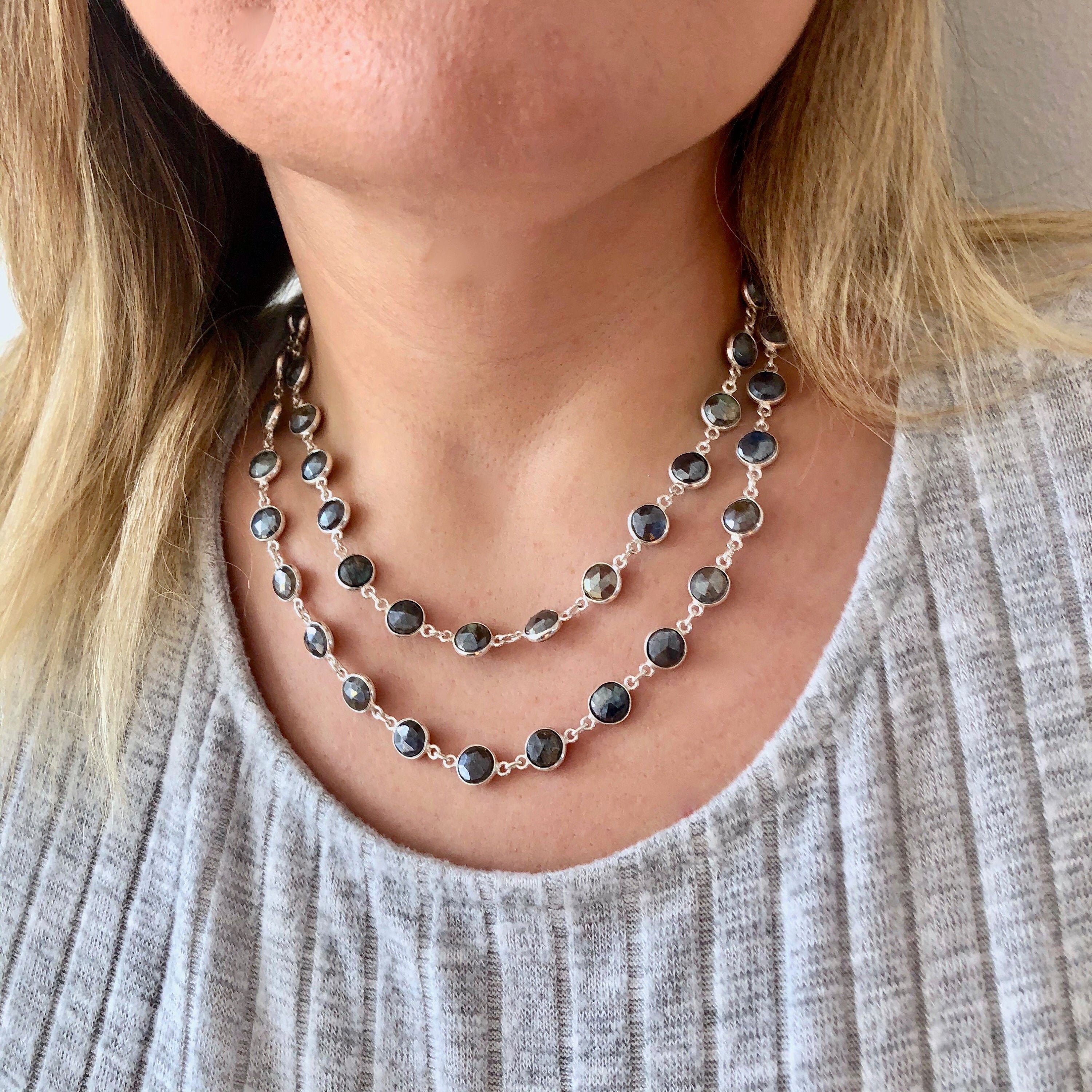 Mystic Labradorite Necklace Long Silver Layering Necklace - Etsy