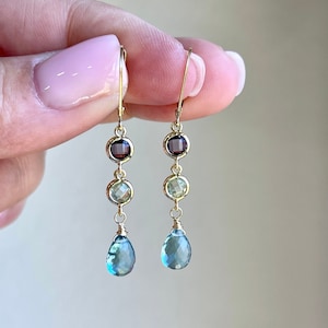 Topaz Earrings, Blue Green and Amethyst Elongated Earrings, December Birthstone, Statement Drops in Gold, Blue Topaz Jewelry, Gift for her