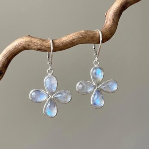 Rainbow Moonstone Flower Earrings, June Birthstone, Flashy Moonstone Clover Bezeled Earrings in Gold or Silver, Summer Light Jewelry for Mom image 8