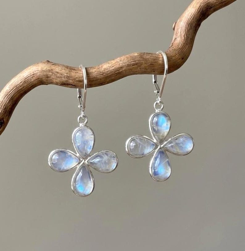 Rainbow Moonstone Flower Earrings, June Birthstone, Flashy Moonstone Clover Bezeled Earrings in Gold or Silver, Summer Light Jewelry for Mom image 8