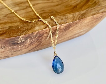 Blue Quartz Necklace, September Birthstone, Sapphire Quartz Teardrop Pendant in Gold or Silver, Satellite chain Layering Necklace for her