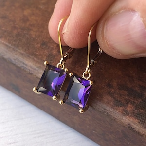 Amethyst Earrings, February Birthstone, Dark Purple Amethyst Emerald Cut Earrings in Gold or Silver, Rectangle prong Drops, Gift under 50 image 5