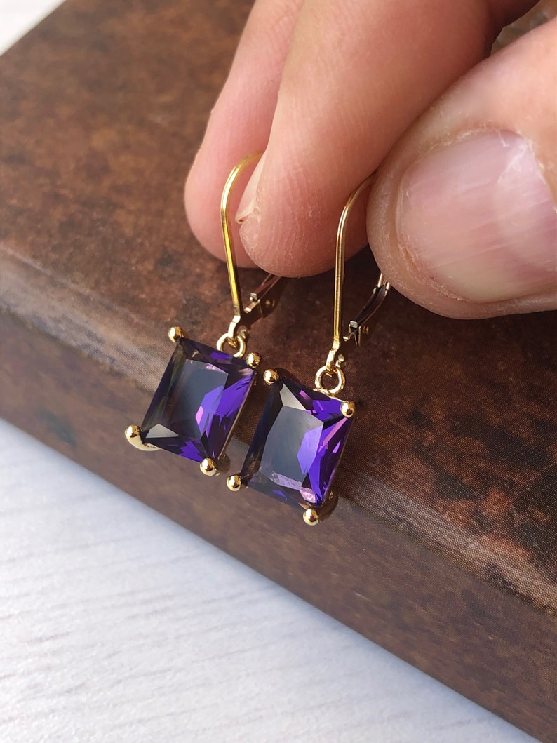 Amethyst Earrings, February Birthstone, Dark Purple Amethyst Emerald Cut Earrings in Gold or Silver, Rectangle prong Drops, Gift under 50 image 5