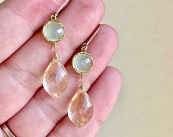 Prehnite and Golden Rutilated Quartz Earrings, Lime Green and Orange Elongated Statement Earrings in Gold, Elegant Gem Jewelry Gift for her