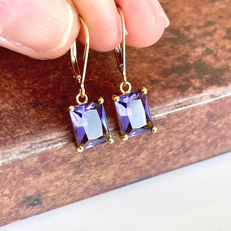 Amethyst Earrings, February Birthstone, Dark Purple Amethyst Emerald Cut Earrings in Gold or Silver, Rectangle prong Drops, Gift under 50 Gold Filled