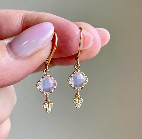 Pink Opalite Earrings, Tiny Mauve Pink Diamond Shape Earrings, Small Dangle Drops Gold or Silver, Summer Earrings, Holiday Gift for Girl Mom