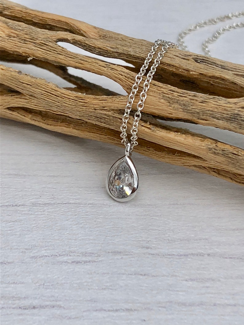 Tiny Drop Minimalist Necklace, Dainty Crystal Quartz Teardrop Pendant, Layering Everyday Jewelry, April's Birthstone, Gift for her, Silver image 3