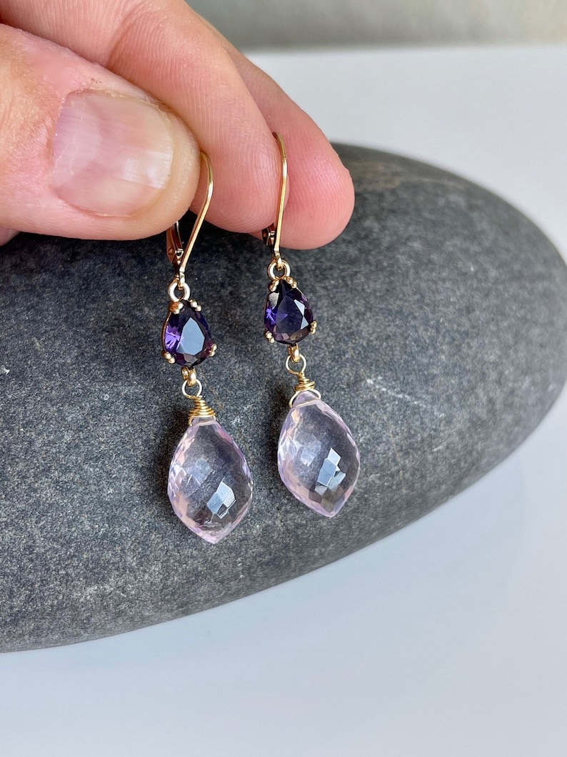 Amethyst Statement Earrings, Dark and Light Purple Dangle Earrings in Gold, February Birthstone, Lavender Elegant Drop Earrings Gift for her image 5