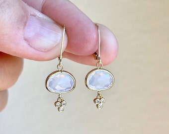 Opalite Earrings, White Opal Oval Earrings in Gold or Silver, Mint Minimalist Dainty Drops, October Birthstone Delicate Small Jewelry Gift