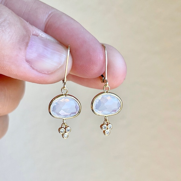 Opalite Earrings, White Opal Oval Earrings in Gold or Silver, Mint Minimalist Dainty Drops, October Birthstone Delicate Small Jewelry Gift