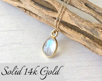 Rainbow Moonstone Necklace, Solid Gold Necklace, 14K Gold, June Birthstone, Small Moonstone Pendant, Anniversary Gift, Birthday gift for her