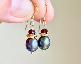 Black Freshwater Pearl and Garnet Earrings, June Birthstone, Peacock Pearl Jewelry in Gold, Minimalist Earrings for her, Mother's Day Gift