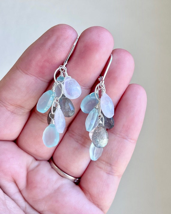 Labradorite Peach Moonstone Green Glass Earrings Gold-plated Sterling Silver Labradorite Peach Moonstone Green Glass Earrings Gold-plated Sterling Silver
