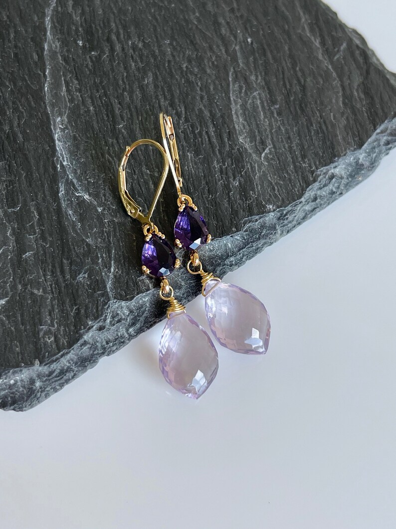 Amethyst Statement Earrings, Dark and Light Purple Dangle Earrings in Gold, February Birthstone, Lavender Elegant Drop Earrings Gift for her image 8