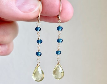 Lemon Topaz and Blue Topaz Earrings, Yellow and Blue Teardrop Earring Gold or Silver, November Birthstone Minimalist Jewelry, Gift for women