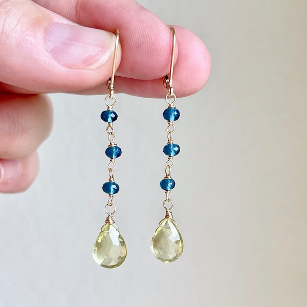 Lemon Topaz and Blue Topaz Earrings, Yellow and Blue Teardrop Earring Gold or Silver, November Birthstone Minimalist Jewelry, Gift for women