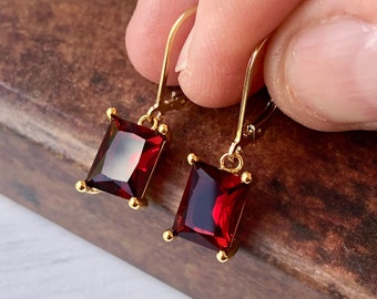 Garnet Earrings, January Birthstone, Dark Red Emerald Cut Earrings in Gold or Silver, Rectangular Baguette Drops, Garnet Jewelry for Women