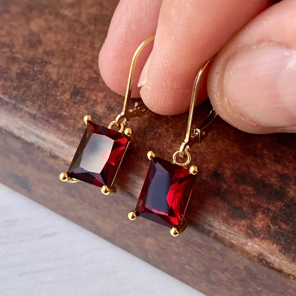 Garnet Earrings, January Birthstone, Dark Red Emerald Cut Earrings in Gold or Silver, Rectangular Baguette Drops, Garnet Jewelry for Women