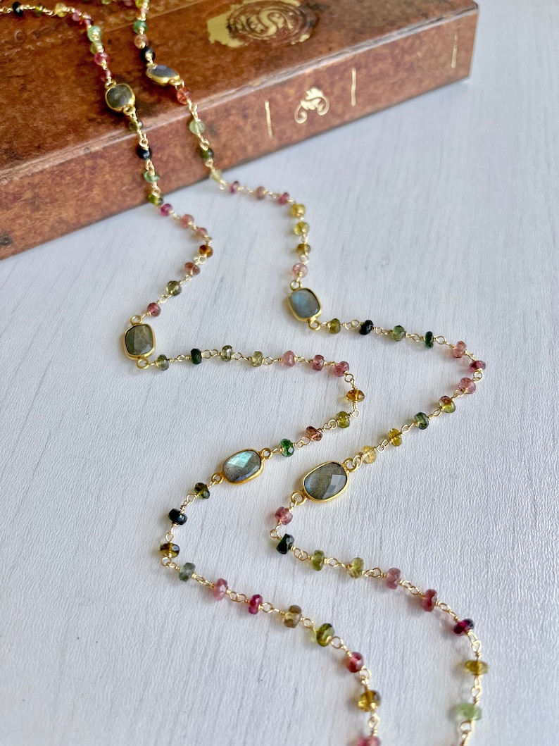 Watermelon Tourmaline Long Beaded Necklace, October Birthstone, Multicolor Gold Layering Necklace, Wire Wrapped Rosary Chain, Mom Wife Gift image 2