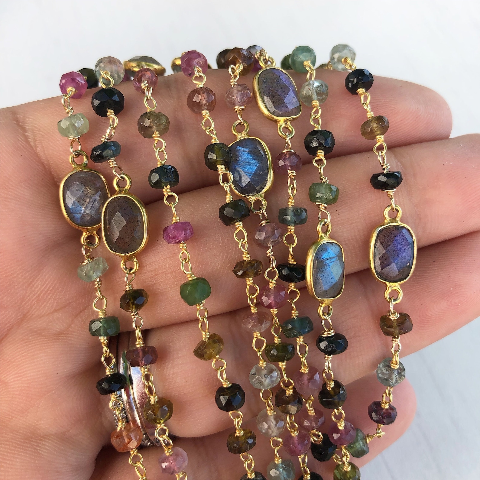 Watermelon Tourmaline Long Beaded Necklace, October Birthstone, Multicolor Gold Layering Necklace, Wire Wrapped Rosary Chain, Mom Wife Gift