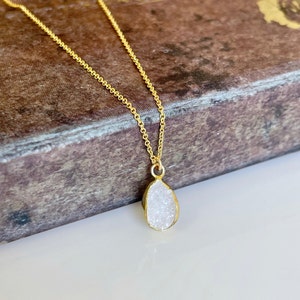 White Druzy Necklace, Geode Crystal Pendant, White Teardrop Necklace, Minimalist Necklace in Gold, Layering Jewelry, Boho Gift for her image 5