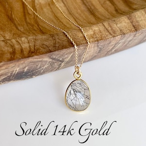 Rutilated Quartz Necklace, Tourmalinated Quartz Drop Pendant, Solid 14k Gold Necklace, Minimalist Layering Gold Jewelry, Gift for women