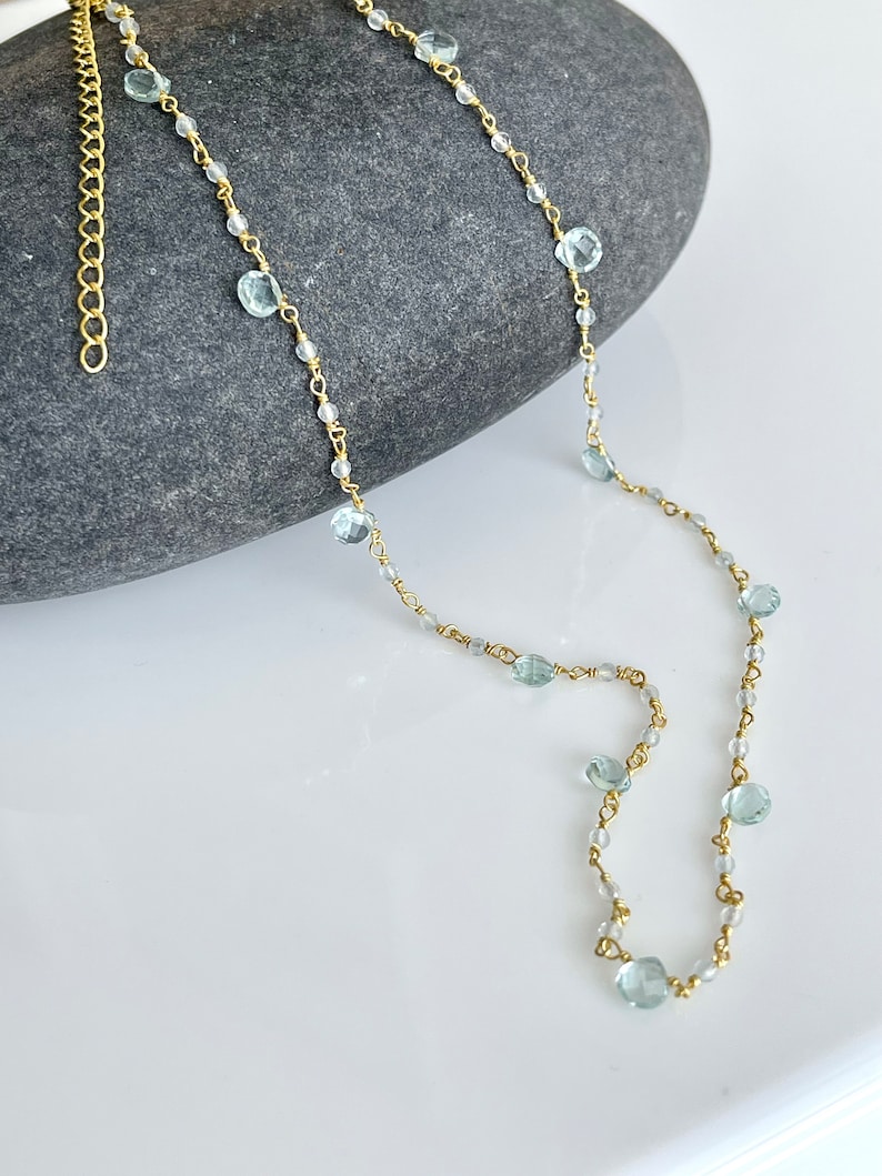 Aquamarine Necklace, March Birthstone, Light Blue Beaded Choker in Gold Filled, Wire wrapped Dainty Minimalist Necklace, Mother's Day Gift image 2