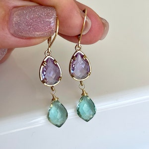 Pink Amethyst and Fluorite Earrings, Lavender and Green Statement Earrings in Gold, February Birthstone, Elegant Green and Purple Gift