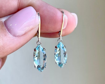 Aquamarine Earrings, March Birthstone, Aqua Blue Marquise Cut Earrings in Gold or Silver, Light Baby Blue Drops, Something Blue Gift for her