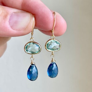 Green Amethyst and Blue Topaz Earrings, Prasiolite and Topaz Drops in Gold or Silver, Blue and Green Dangle Earrings, Elegant Gift for women