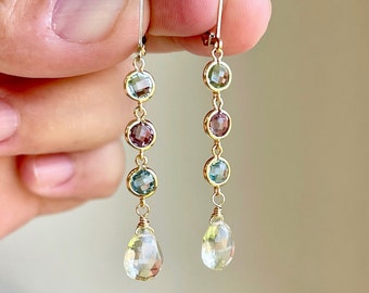 Topaz Earrings, Green Pink Blue and Lemon Topaz Elongated Earrings, Multicolor Statement Drops Gold or Silver, Topaz Jewelry Gift for her