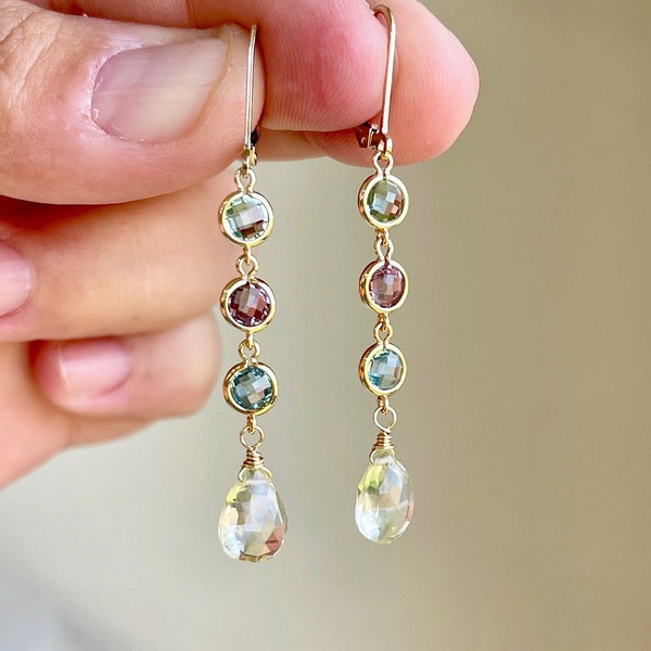 Topaz Earrings, Green Pink Blue and Lemon Topaz Elongated Earrings, Multicolor Statement Drops Gold or Silver, Topaz Jewelry Gift for her