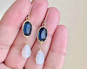 Blue Topaz and Moonstone Earrings, White and Blue Statement Earrings, Long Teardrop Earrings, Navy Gold or Silver Earrings, Gift for her